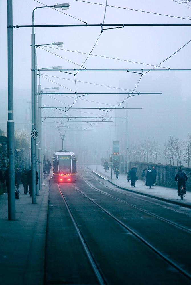 The Luas line in Dublin City on a foggy day